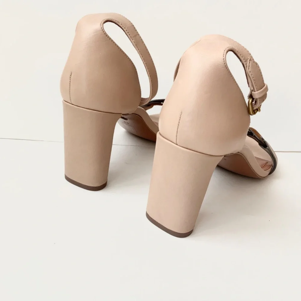 Coach Link Nude Beige Leather Block Heel Ankle Strap Sandals Dress Shoes 8.5